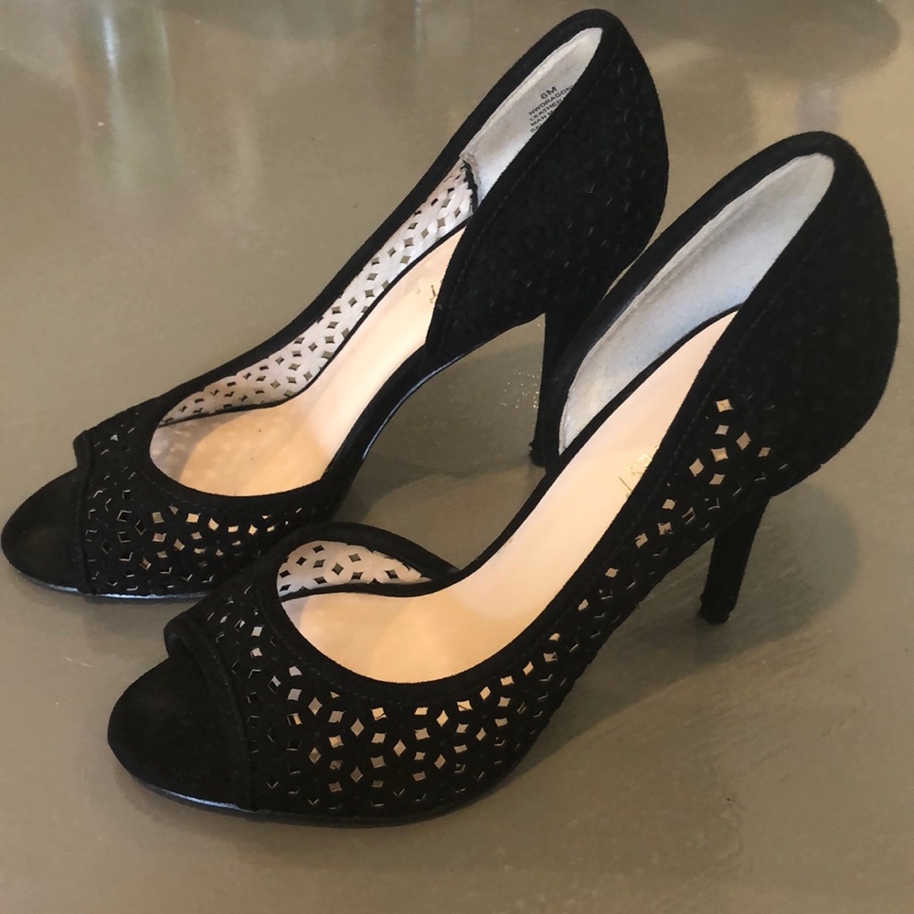 Nine West Black Suede Peep-Toe Heels